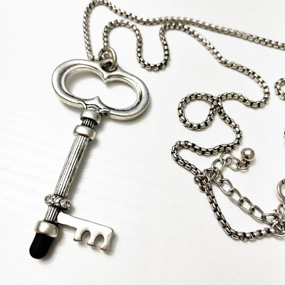 Chico’s Key Pendant Long Silver Necklace
